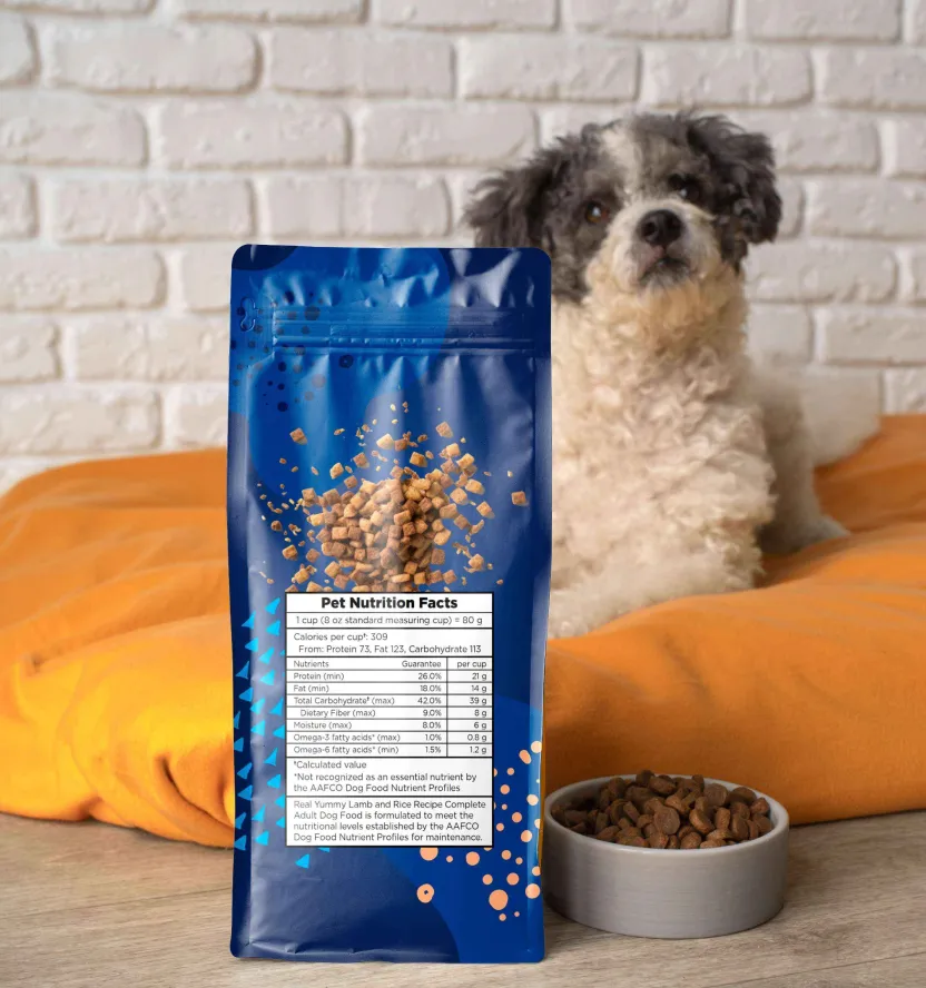 Photo of a dog standing behind a bag of food.